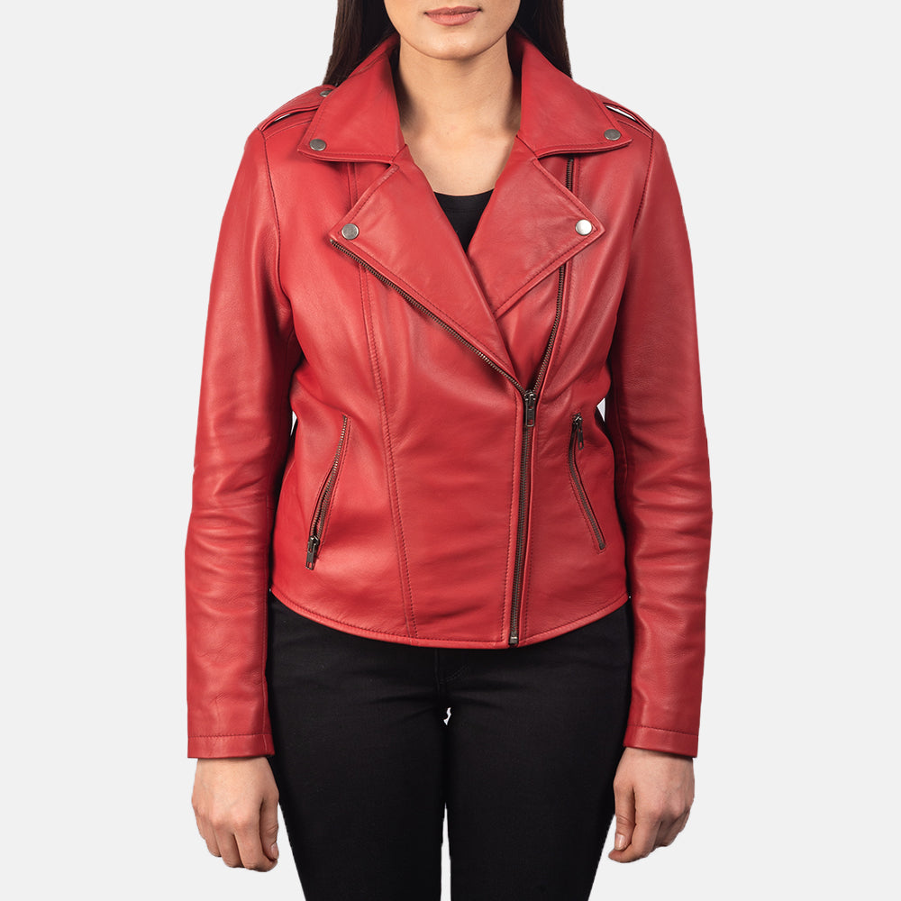Hamilton women’s red biker jacket – bold leather motorcycle jacket designed for American street style

