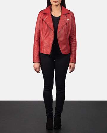 Hamilton women’s red biker jacket – bold leather motorcycle jacket designed for American street style

