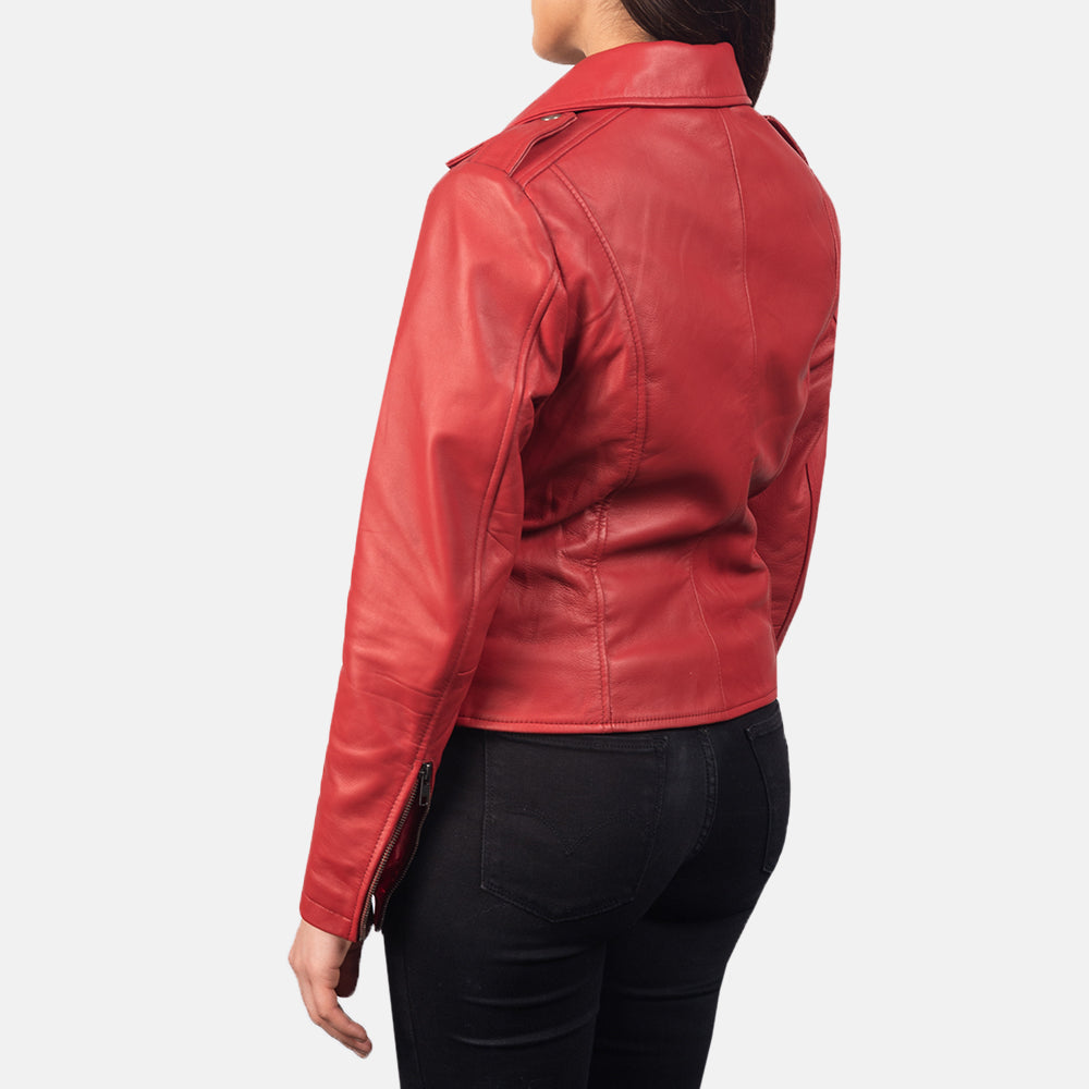 Hamilton women’s red biker jacket – bold leather motorcycle jacket designed for American street style


