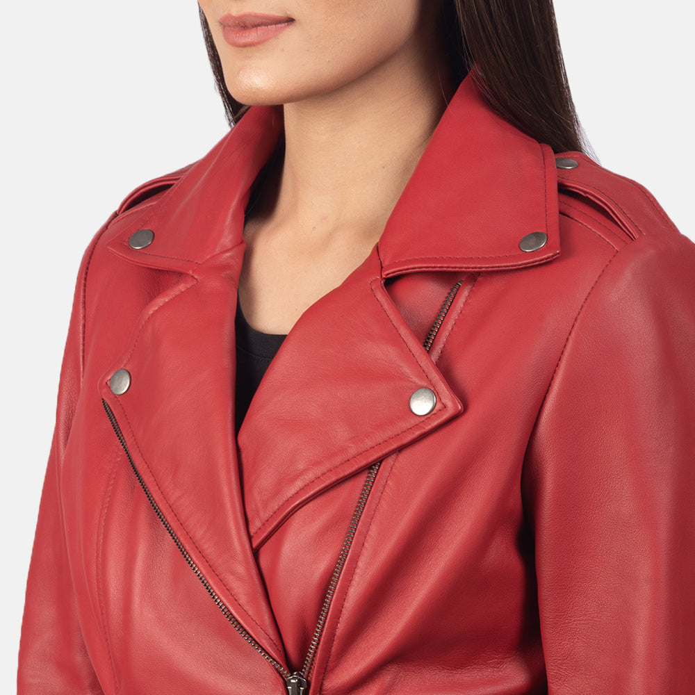 Hamilton women’s red biker jacket – bold leather motorcycle jacket designed for American street style

