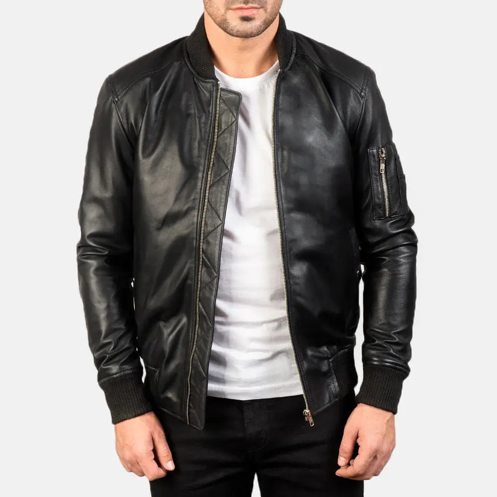 MA-1 BLACK LEATHER BOMBER JACKET - Arvo 