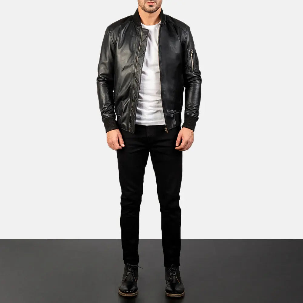 MA-1 BLACK LEATHER BOMBER JACKET - Arvo 