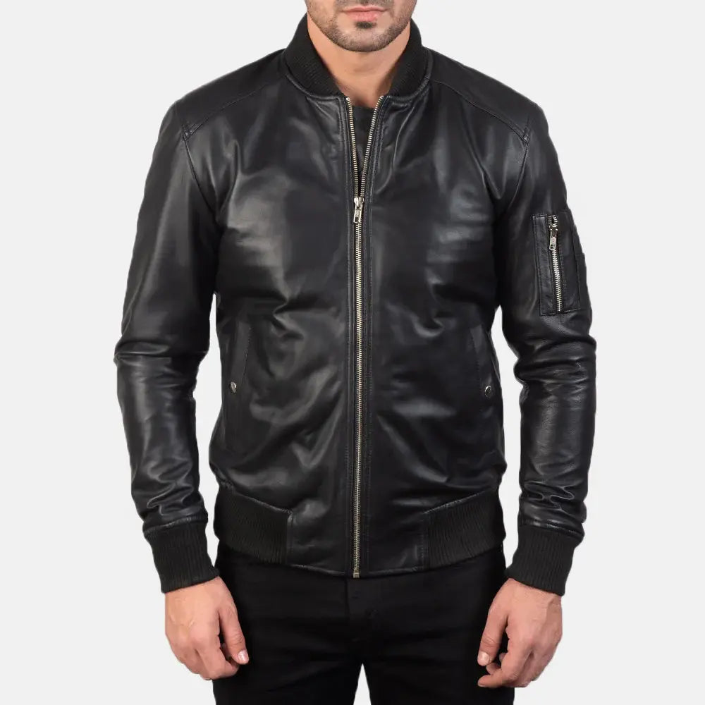 MA-1 BLACK LEATHER BOMBER JACKET - Arvo 