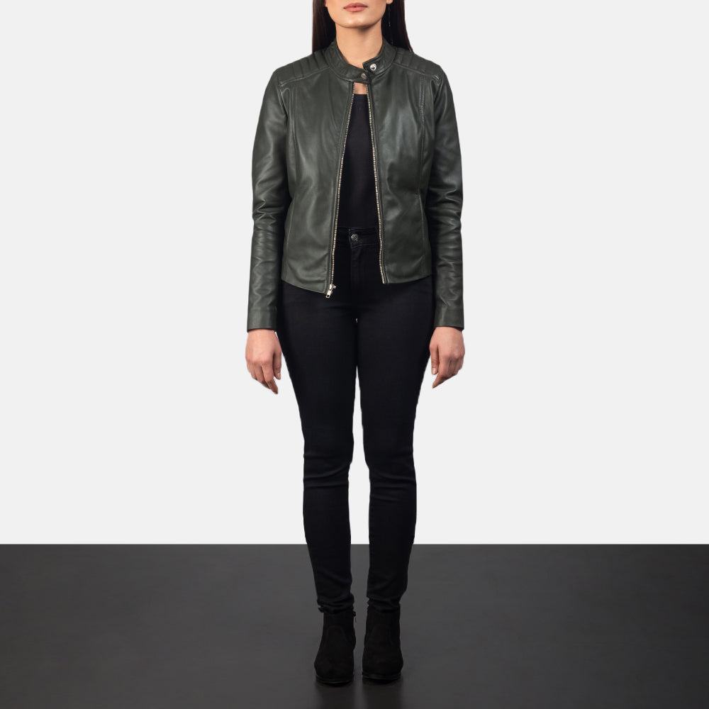 Kincardine green women’s biker jacket – stylish leather motorcycle jacket with bold American streetwear flair

