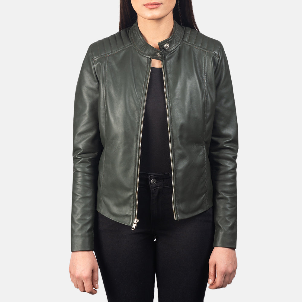 Kincardine green women’s biker jacket – stylish leather motorcycle jacket with bold American streetwear flair

