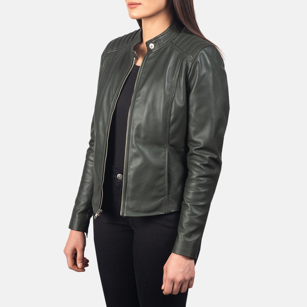 Kincardine green women’s biker jacket – stylish leather motorcycle jacket with bold American streetwear flair

