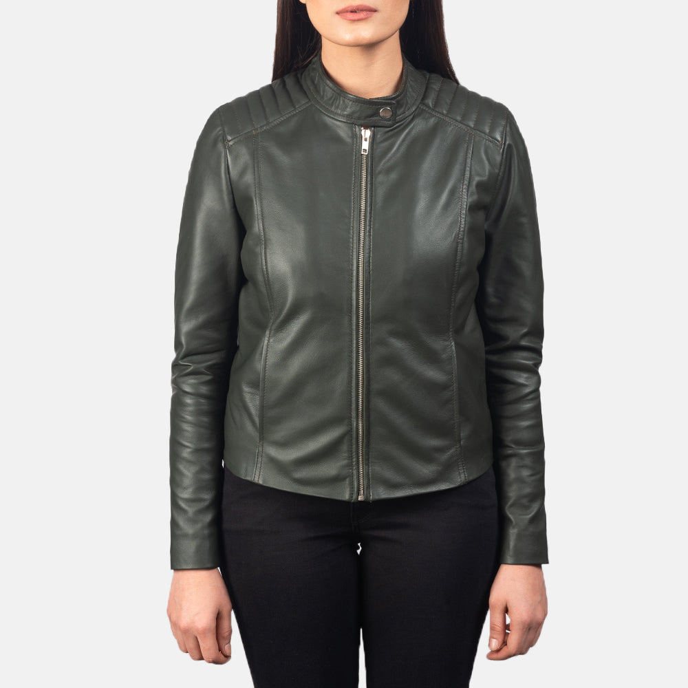 Kincardine green women’s biker jacket – stylish leather motorcycle jacket with bold American streetwear flair

