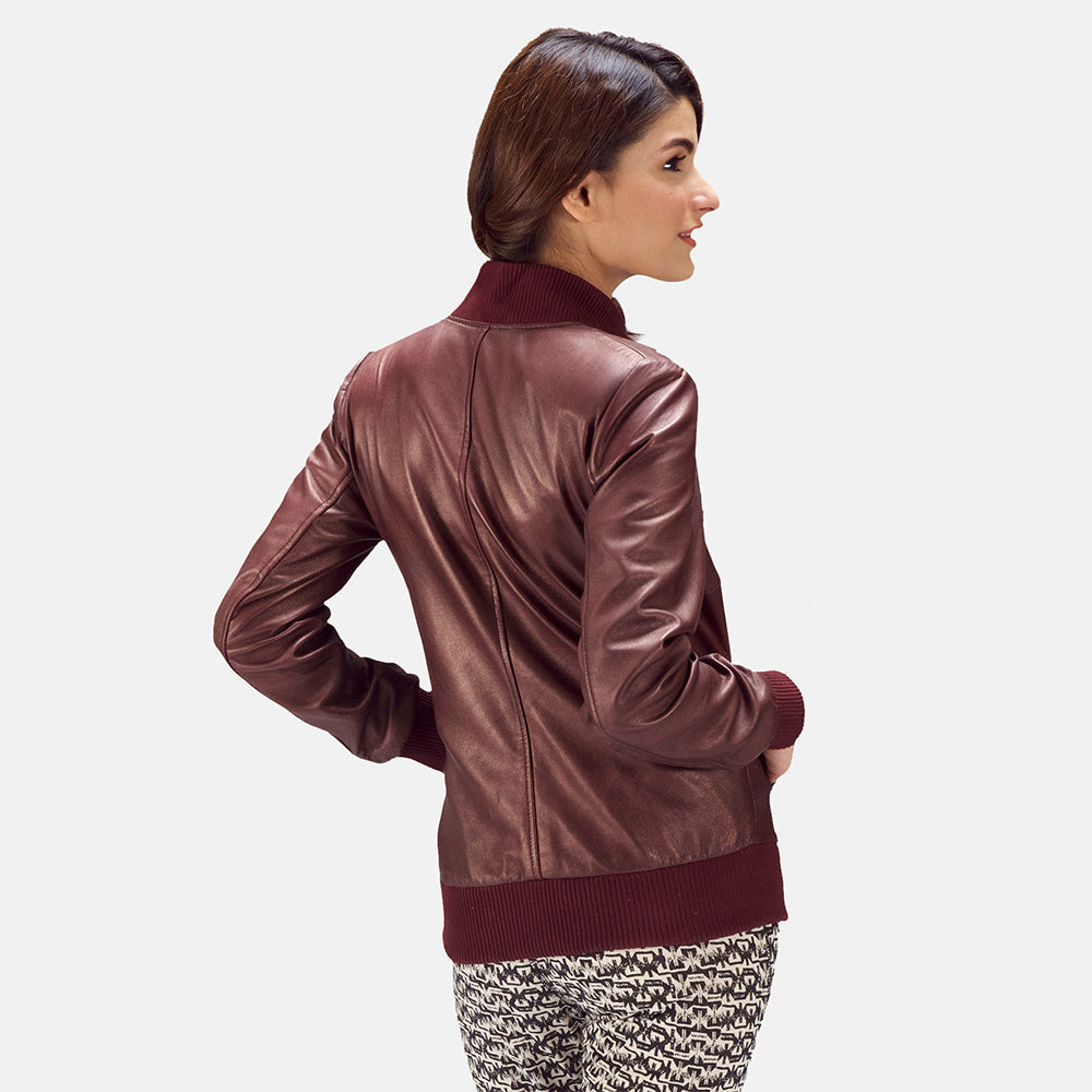 Nairn women’s maroon bomber jacket – stylish leather outerwear with classic American streetwear vibe

