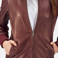 Nairn women’s maroon bomber jacket – stylish leather outerwear with classic American streetwear vibe

