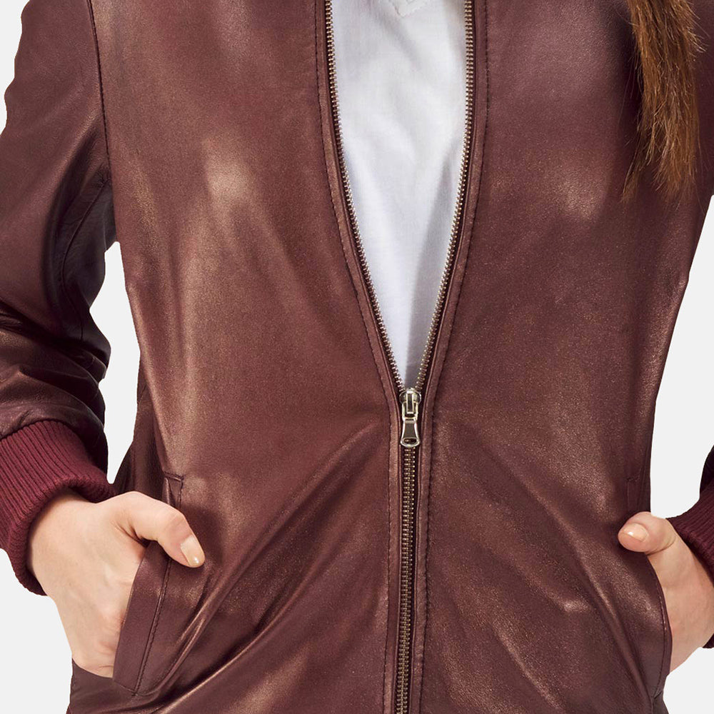 Nairn women’s maroon bomber jacket – stylish leather outerwear with classic American streetwear vibe

