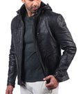 MI-4 men’s real leather hoodie jacket with wrinkled texture and front zip closure

