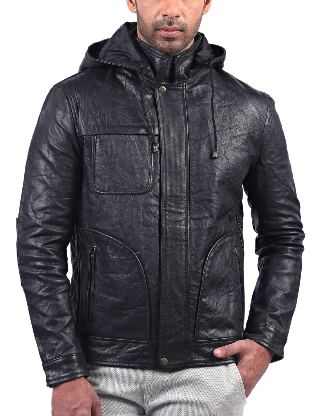 MI-4 men’s real leather hoodie jacket with wrinkled texture and front zip closure


