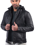 MI-4 men’s real leather hoodie jacket with wrinkled texture and front zip closure

