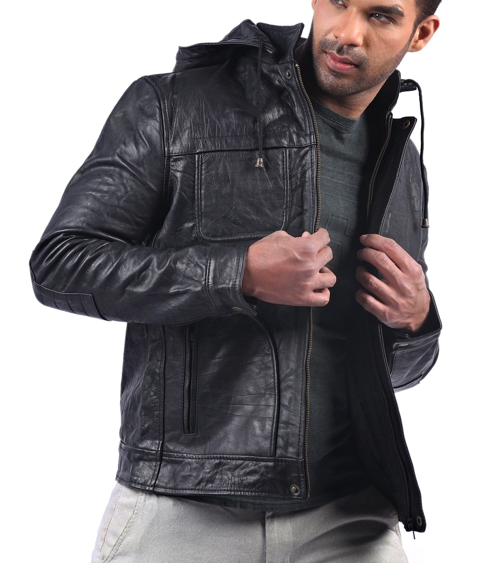 MI-4 men’s real leather hoodie jacket with wrinkled texture and front zip closure

