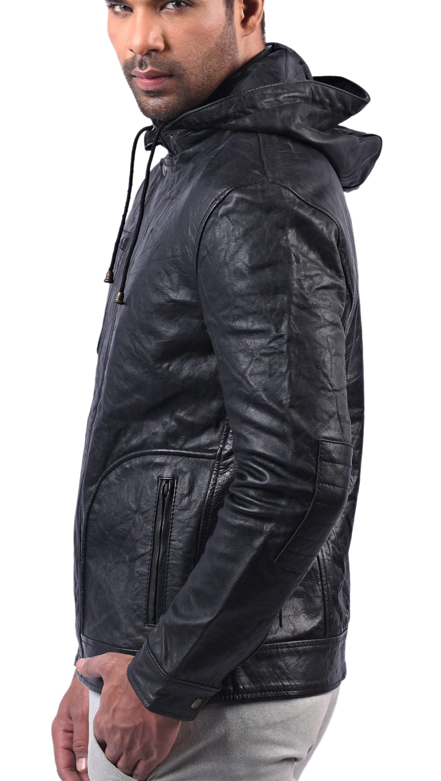 MI-4 men’s real leather hoodie jacket with wrinkled texture and front zip closure

