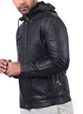 MI-4 men’s real leather hoodie jacket with wrinkled texture and front zip closure

