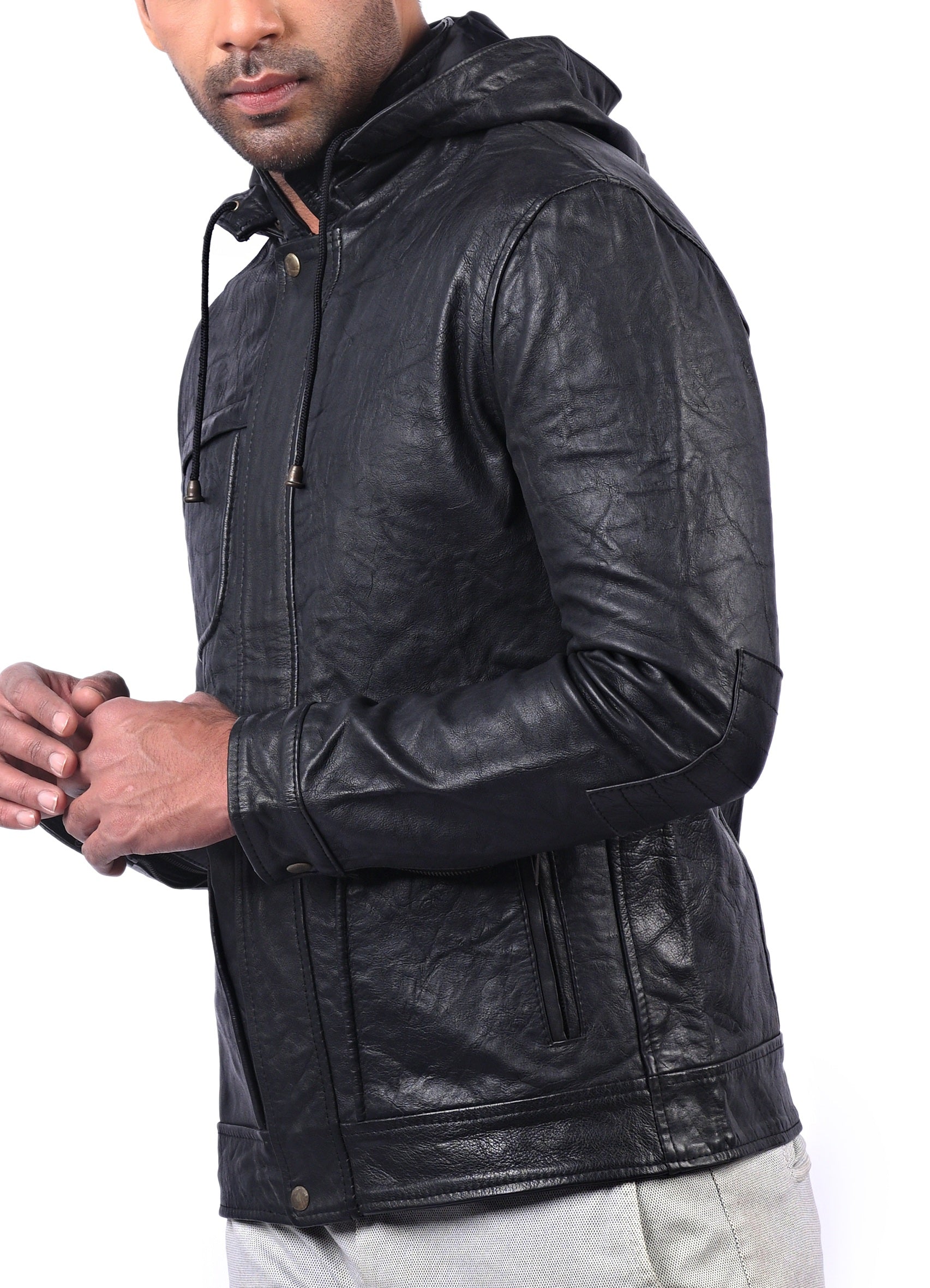 MI-4 men’s real leather hoodie jacket with wrinkled texture and front zip closure

