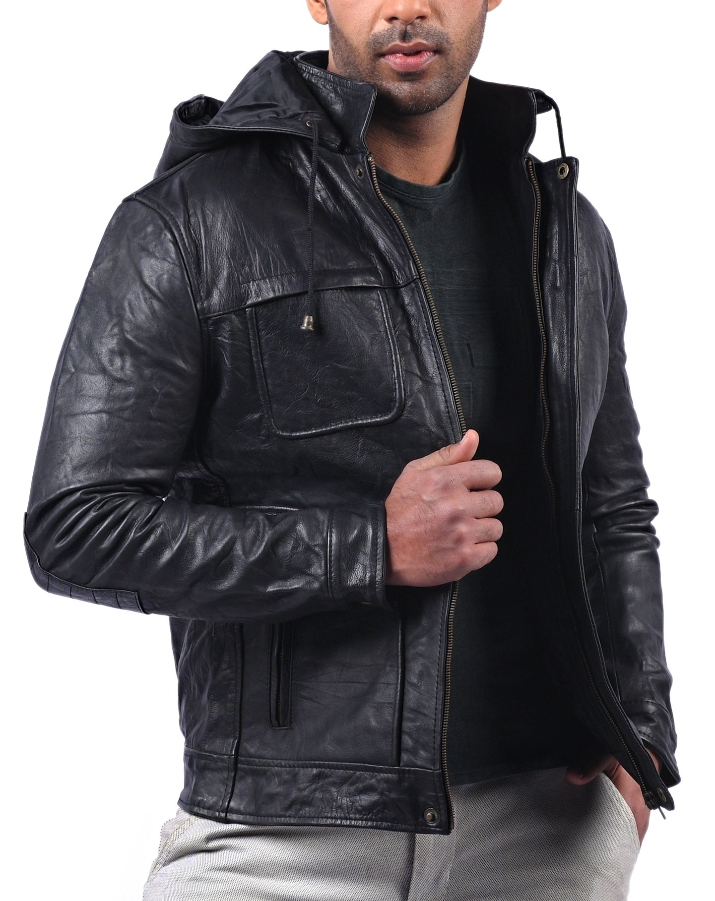 MI-4 men’s real leather hoodie jacket with wrinkled texture and front zip closure

