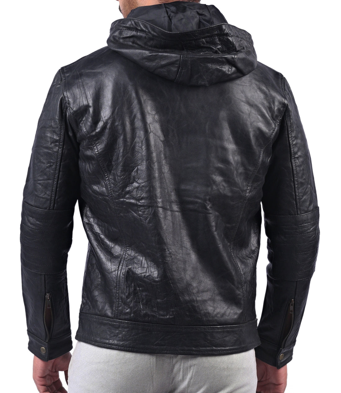 MI-4 men’s real leather hoodie jacket with wrinkled texture and front zip closure

