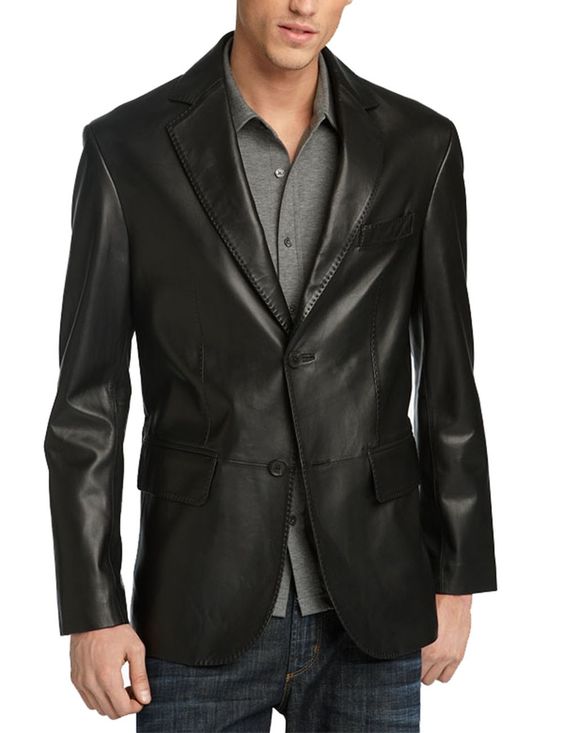 men’s slim fit black leather blazer jacket front view

real leather formal blazer jacket for men

black leather blazer with chest and flap pockets

men’s slim fit blazer with button closure

tailored black leather blazer jacket for formal occasions

