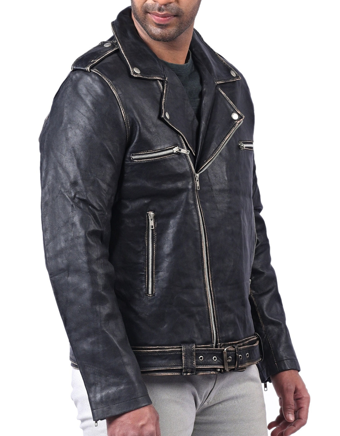 Blackpool men’s Halloween biker jacket with skull print design and front zip closure

