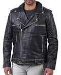 Blackpool men’s Halloween biker jacket with skull print design and front zip closure

