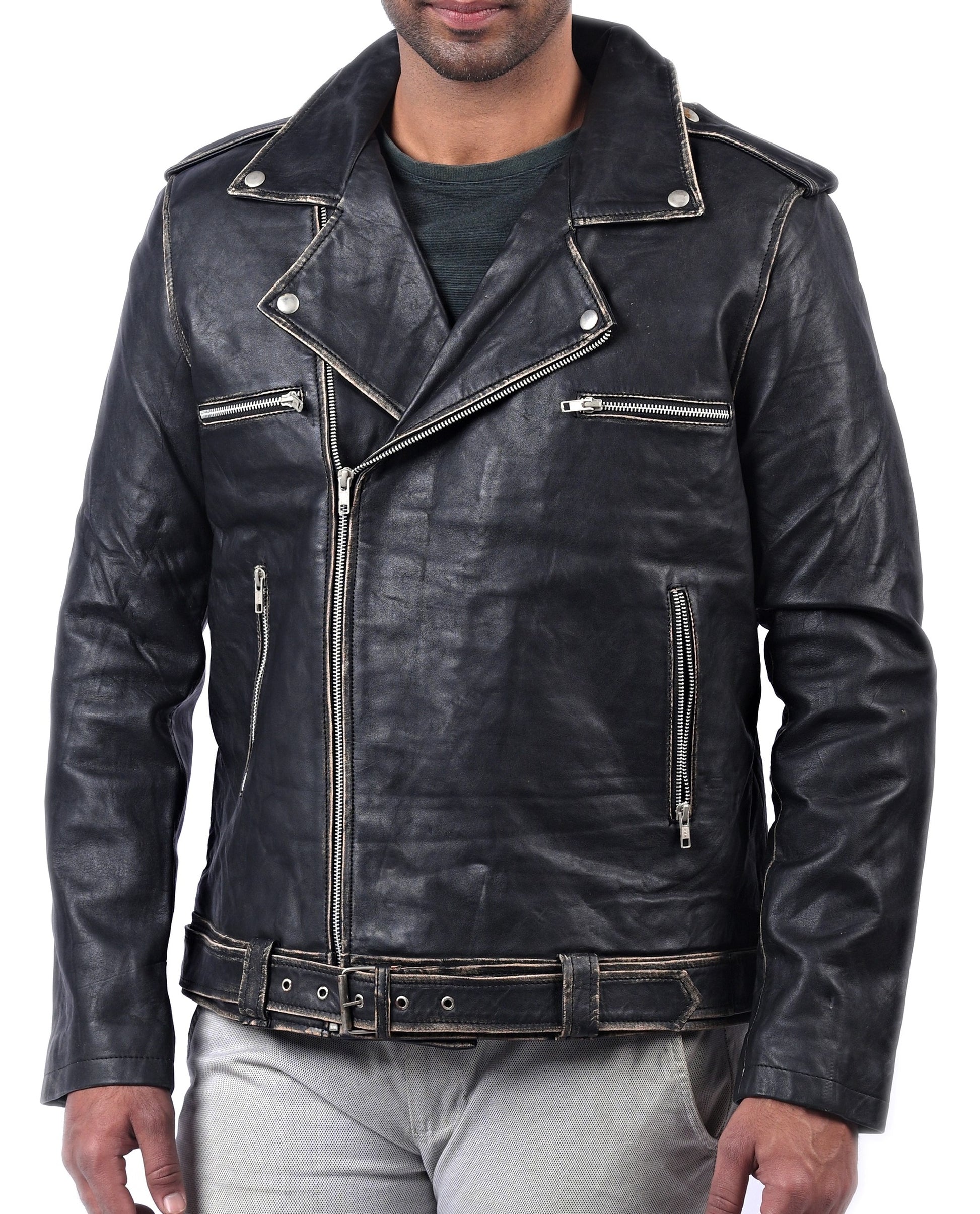Blackpool men’s Halloween biker jacket with skull print design and front zip closure

