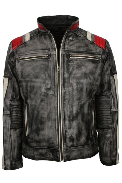 men’s retro distressed black café racer leather jacket

real sheepskin leather motorcycle jacket with zipper pockets

black leather biker jacket with grey faded tones

stand-up collar distressed leather jacket front view

vintage-style men’s motorcycle jacket with zip closure

