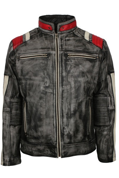 men’s retro distressed black café racer leather jacket

real sheepskin leather motorcycle jacket with zipper pockets

black leather biker jacket with grey faded tones

stand-up collar distressed leather jacket front view

vintage-style men’s motorcycle jacket with zip closure

