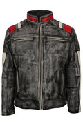 men’s retro distressed black café racer leather jacket

real sheepskin leather motorcycle jacket with zipper pockets

black leather biker jacket with grey faded tones

stand-up collar distressed leather jacket front view

vintage-style men’s motorcycle jacket with zip closure

