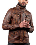 Men’s vintage biker leather jacket in distressed black with classic moto style

