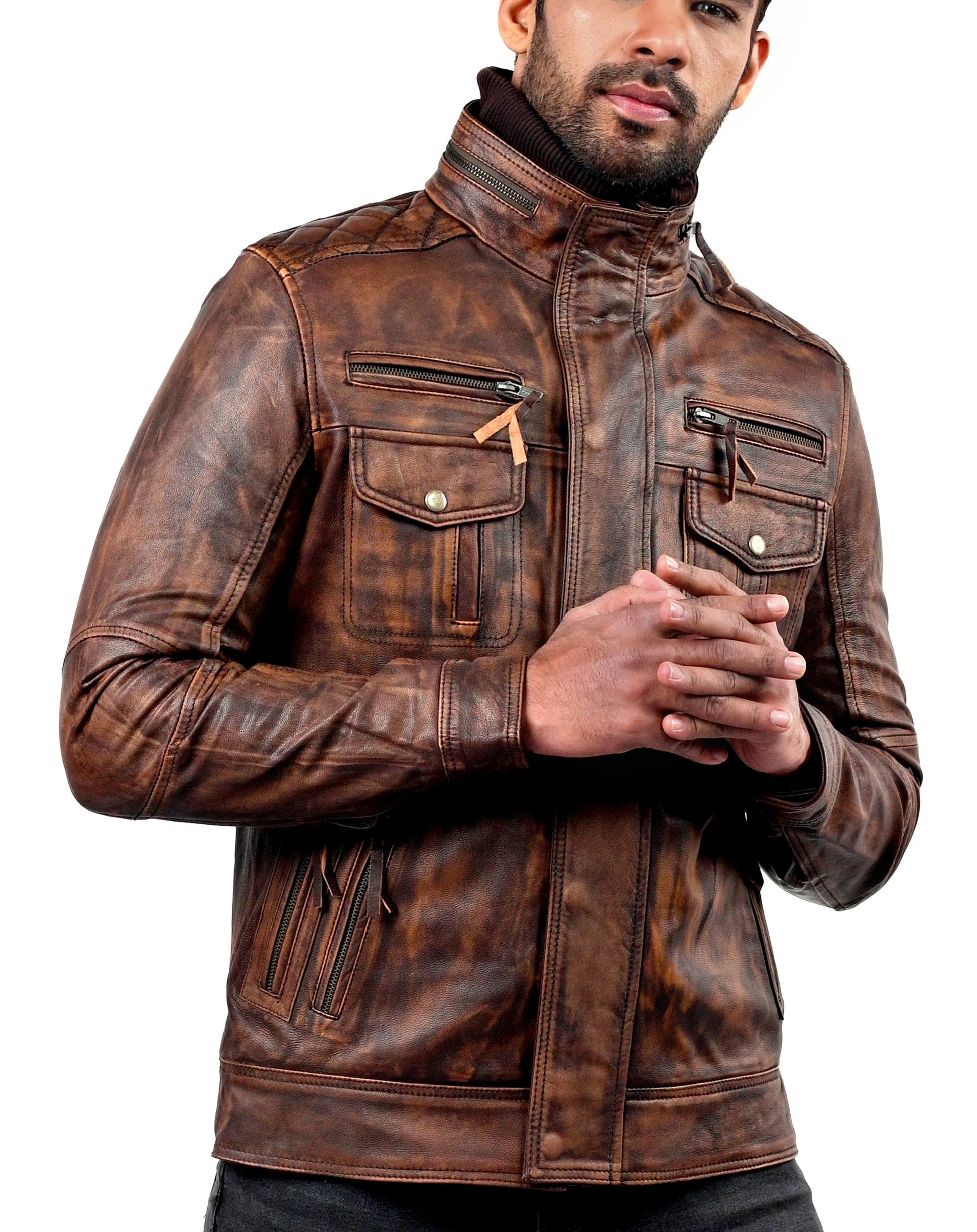 Men’s vintage biker leather jacket in distressed black with classic moto style

