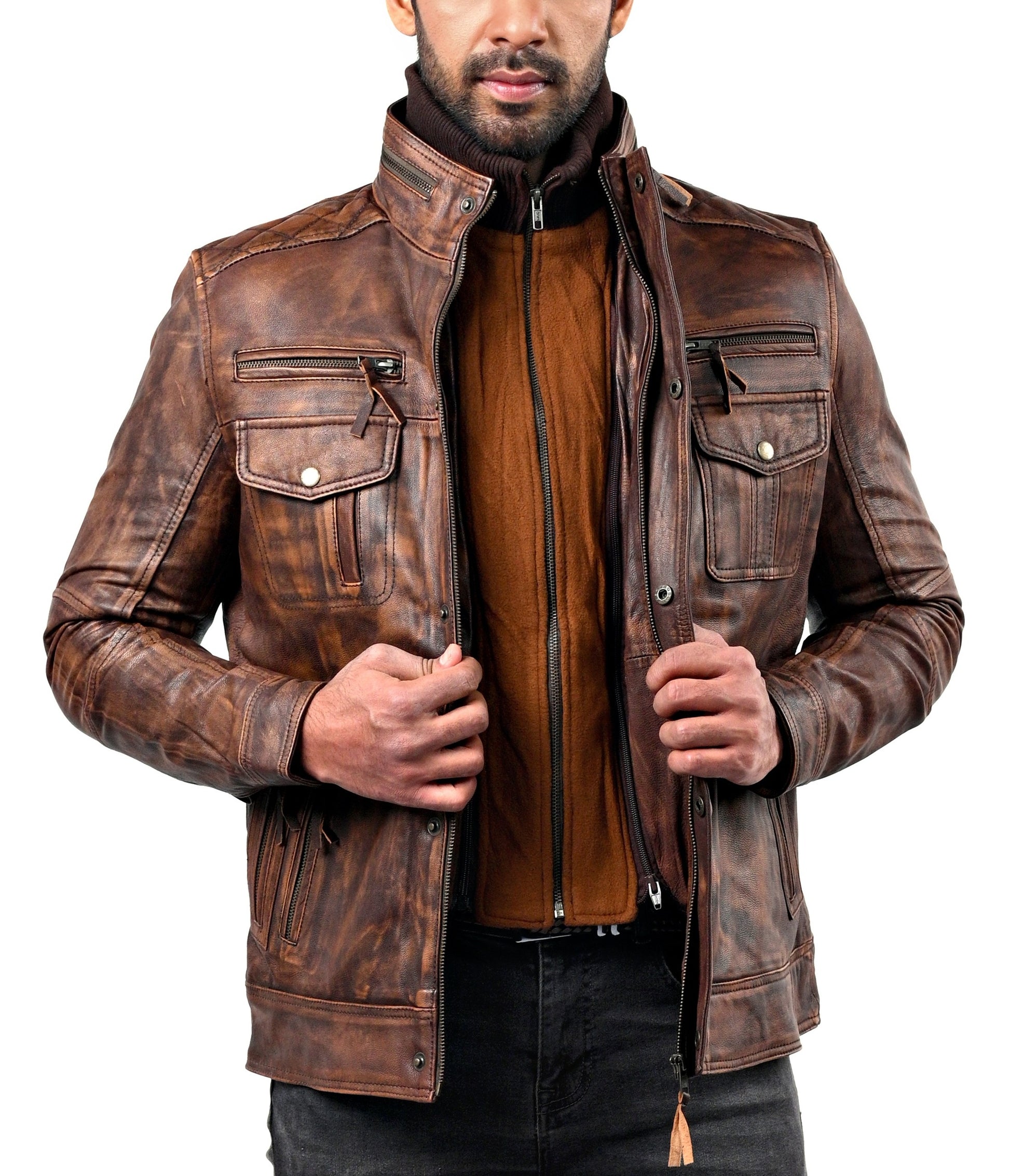 Men’s vintage biker leather jacket in distressed black with classic moto style

