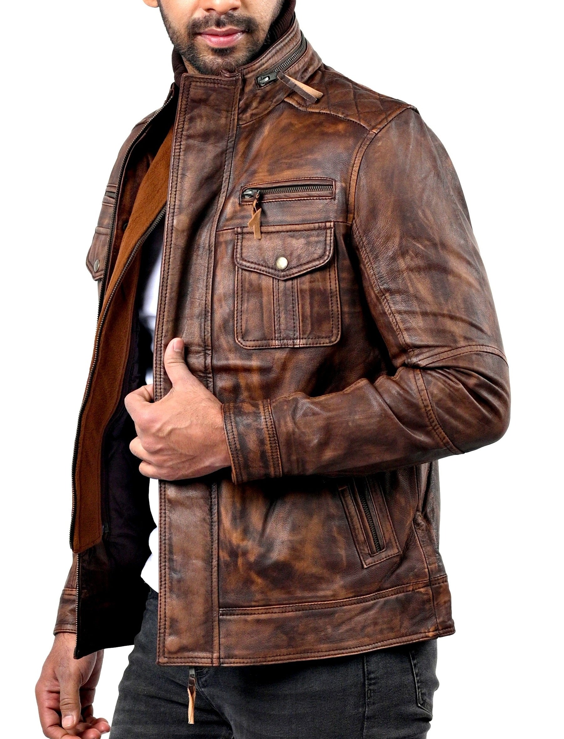 Men’s vintage biker leather jacket in distressed black with classic moto style

