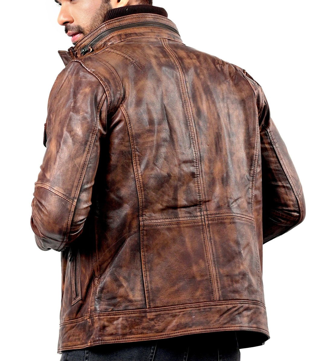 Men’s vintage biker leather jacket in distressed black with classic moto style


