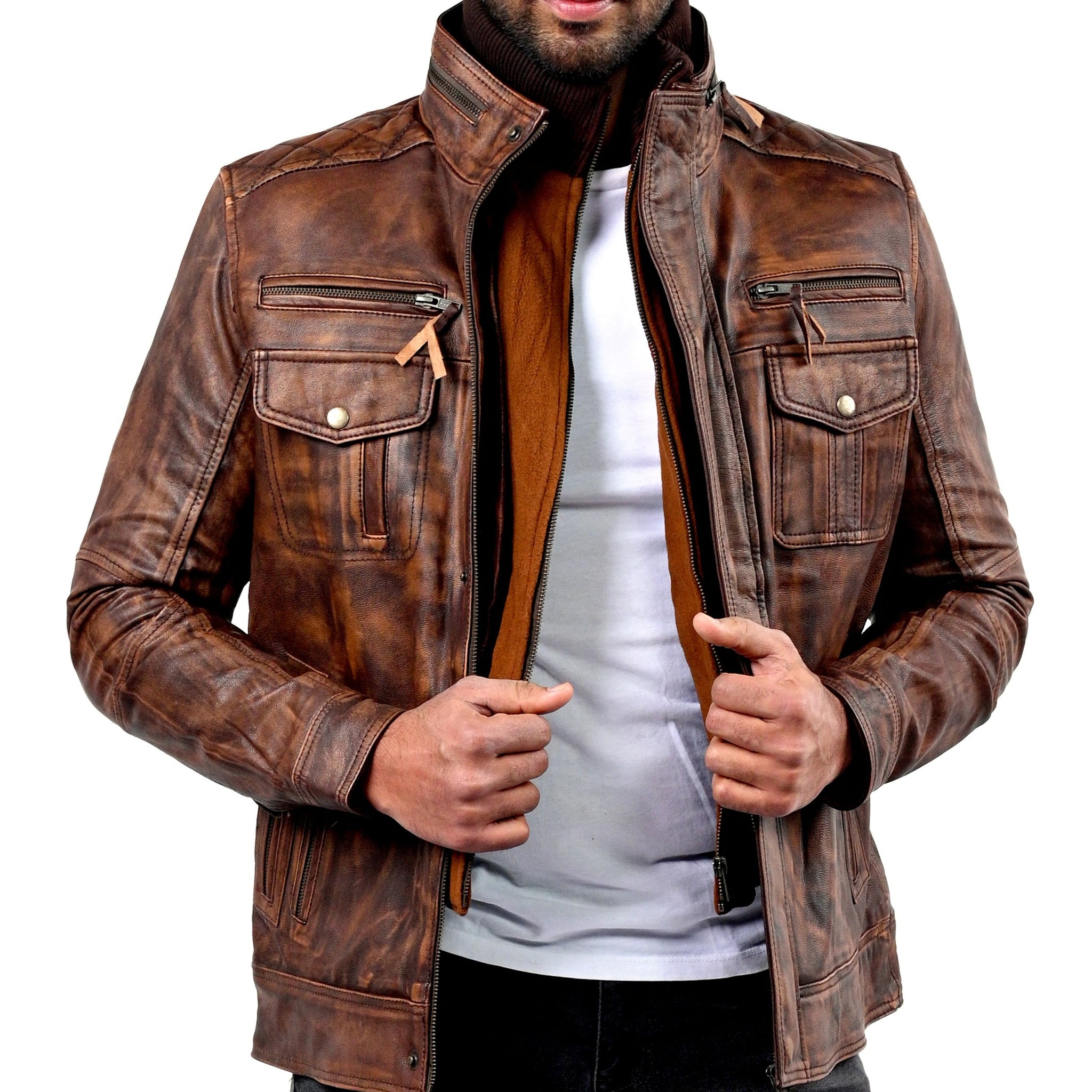Men’s vintage biker leather jacket in distressed black with classic moto style

