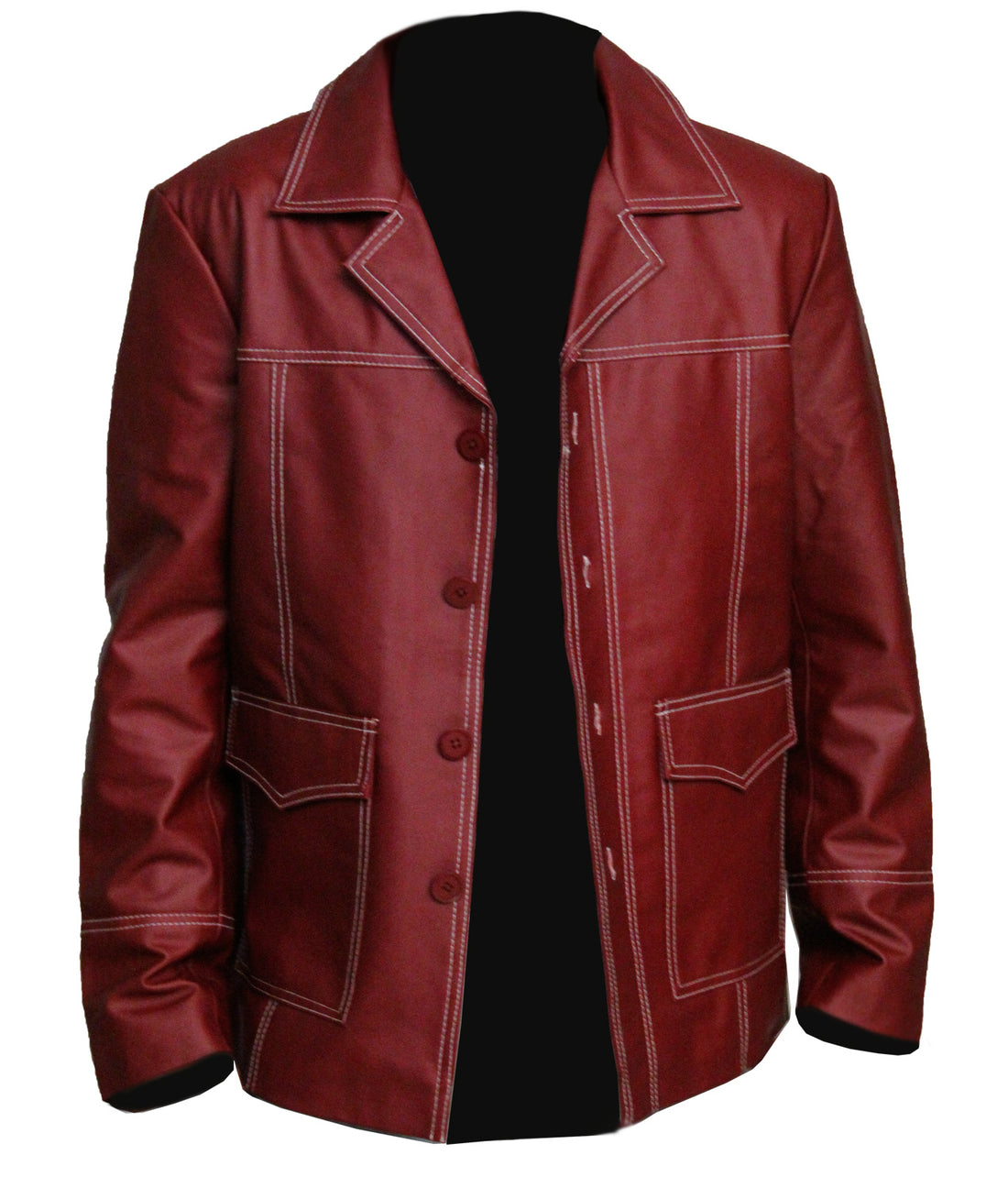 "Tyler Durden Fight Club red leather jacket inspired by Brad Pitt"

"Real leather red movie jacket worn by Brad Pitt in Fight Club"

"Front view of red leather button-up jacket with suit collar"

"T-back style red leather coat from Fight Club movie"

"Brad Pitt Tyler Durden cosplay leather jacket in real leather"