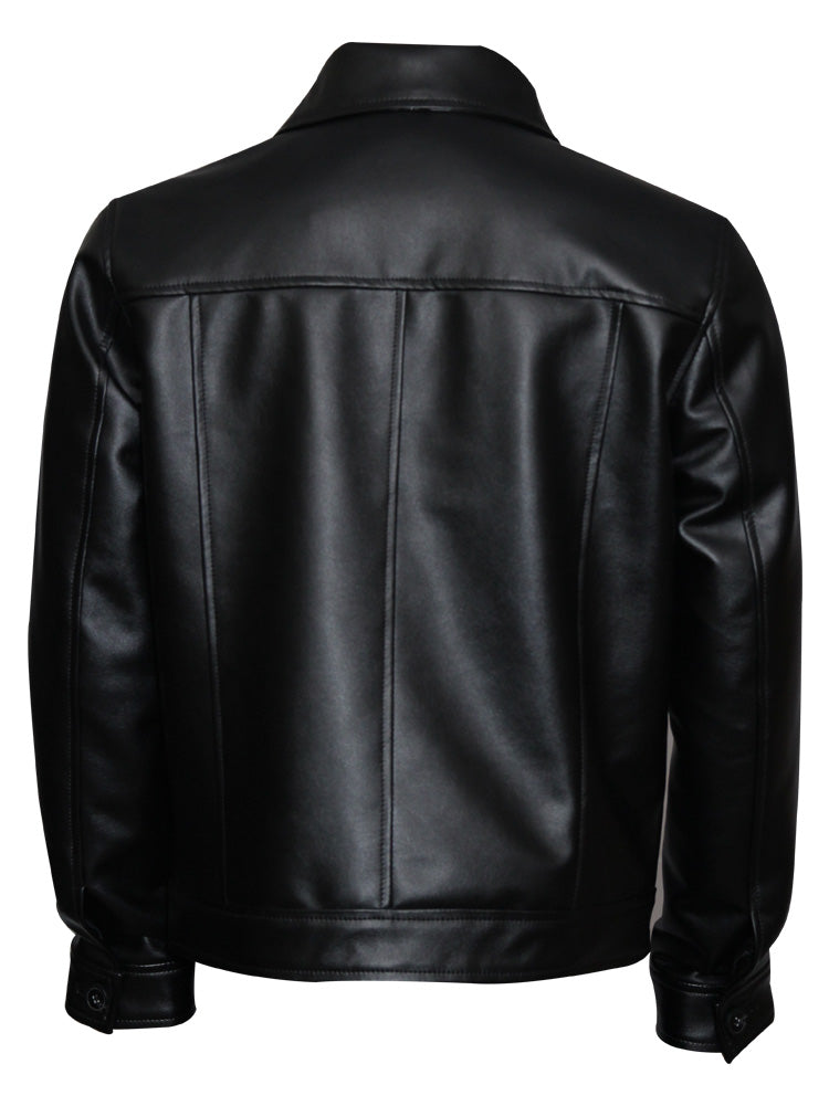 "Elvis Presley black celebrity leather jacket with shirt-style collar"

"Real leather black jacket with four pockets inspired by Elvis Presley"

"Front view of Elvis Presley style buttoned black leather jacket"

"Men's black leather celebrity jacket with viscose lining"

"Classic black leather jacket for men inspired by Elvis Presley"


