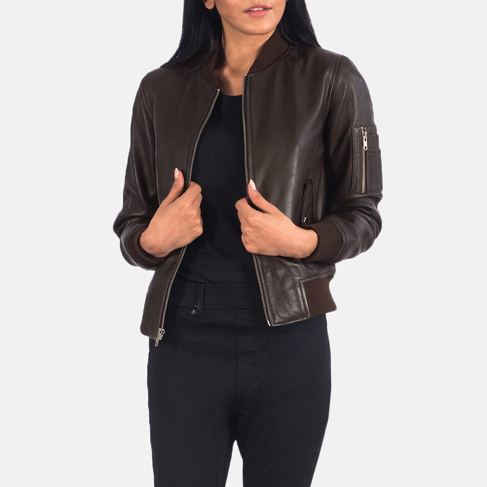 Front view of Dingwall brown bomber jacket – rugged men’s leather outerwear for U.S. fall and winter fashion

Dingwall men’s bomber jacket in brown – vintage-inspired flight jacket for American streetwear style

Close-up of brown leather texture on Dingwall bomber jacket – durable, high-quality outerwear for U.S. customers

Model wearing Dingwall brown bomber jacket – timeless aviator look for men in the United States

Back of Dingwall bomber jacket in brown – classic men’s bomber jacket with American herit