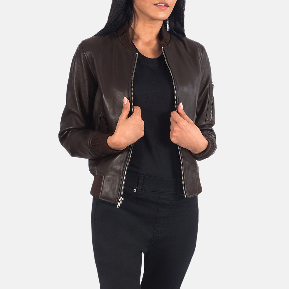 Front view of Dingwall brown bomber jacket – rugged men’s leather outerwear for U.S. fall and winter fashion

Dingwall men’s bomber jacket in brown – vintage-inspired flight jacket for American streetwear style

Close-up of brown leather texture on Dingwall bomber jacket – durable, high-quality outerwear for U.S. customers

Model wearing Dingwall brown bomber jacket – timeless aviator look for men in the United States

Back of Dingwall bomber jacket in brown – classic men’s bomber jacket with American herit