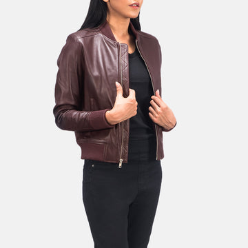 Airdrie Leather Bomber Jacket in Maroon - Arvo 