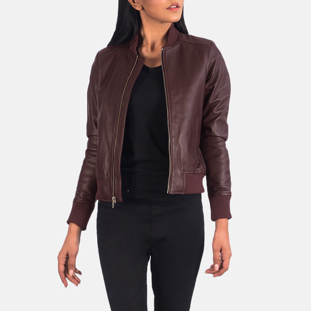 Airdrie Leather Bomber Jacket in Maroon - Arvo 