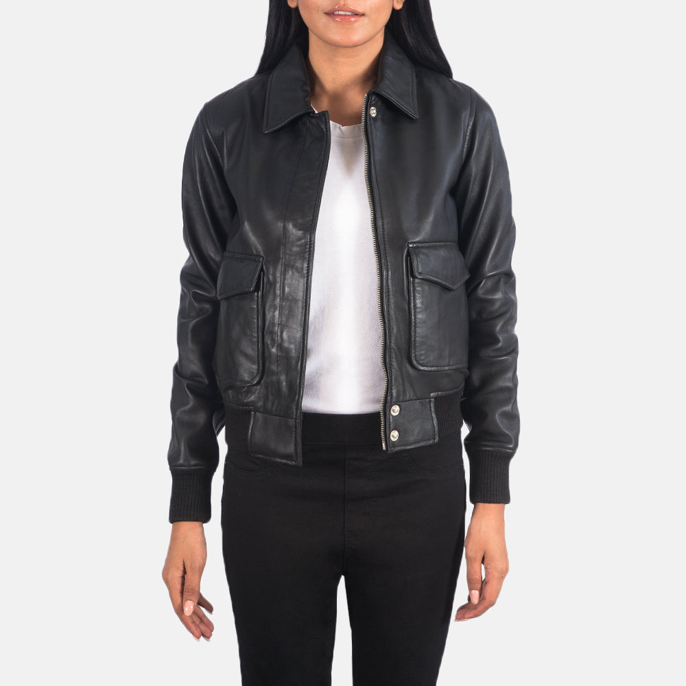 Front view of Balloch black A-2 bomber jacket – vintage-inspired men’s leather outerwear in the USA

Back of Balloch A-2 bomber jacket in black – timeless American flight jacket style for men

Detail of zipper on Balloch black leather A-2 jacket – premium bomber jacket for U.S. customers

Model wearing Balloch A-2 bomber jacket in black – classic military-inspired fashion for American men