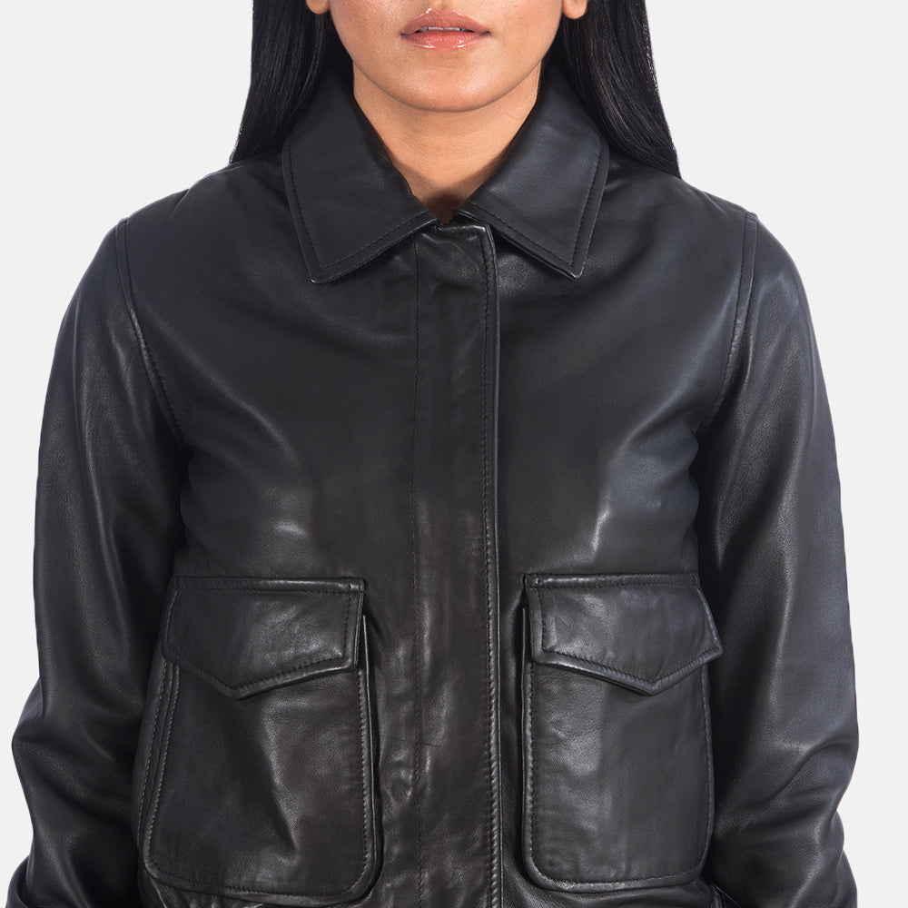 Front view of Balloch black A-2 bomber jacket – vintage-inspired men’s leather outerwear in the USA

Back of Balloch A-2 bomber jacket in black – timeless American flight jacket style for men

Detail of zipper on Balloch black leather A-2 jacket – premium bomber jacket for U.S. customers

Model wearing Balloch A-2 bomber jacket in black – classic military-inspired fashion for American men