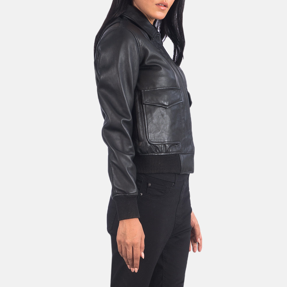 Front view of Balloch black A-2 bomber jacket – vintage-inspired men’s leather outerwear in the USA

Back of Balloch A-2 bomber jacket in black – timeless American flight jacket style for men

Detail of zipper on Balloch black leather A-2 jacket – premium bomber jacket for U.S. customers

Model wearing Balloch A-2 bomber jacket in black – classic military-inspired fashion for American men