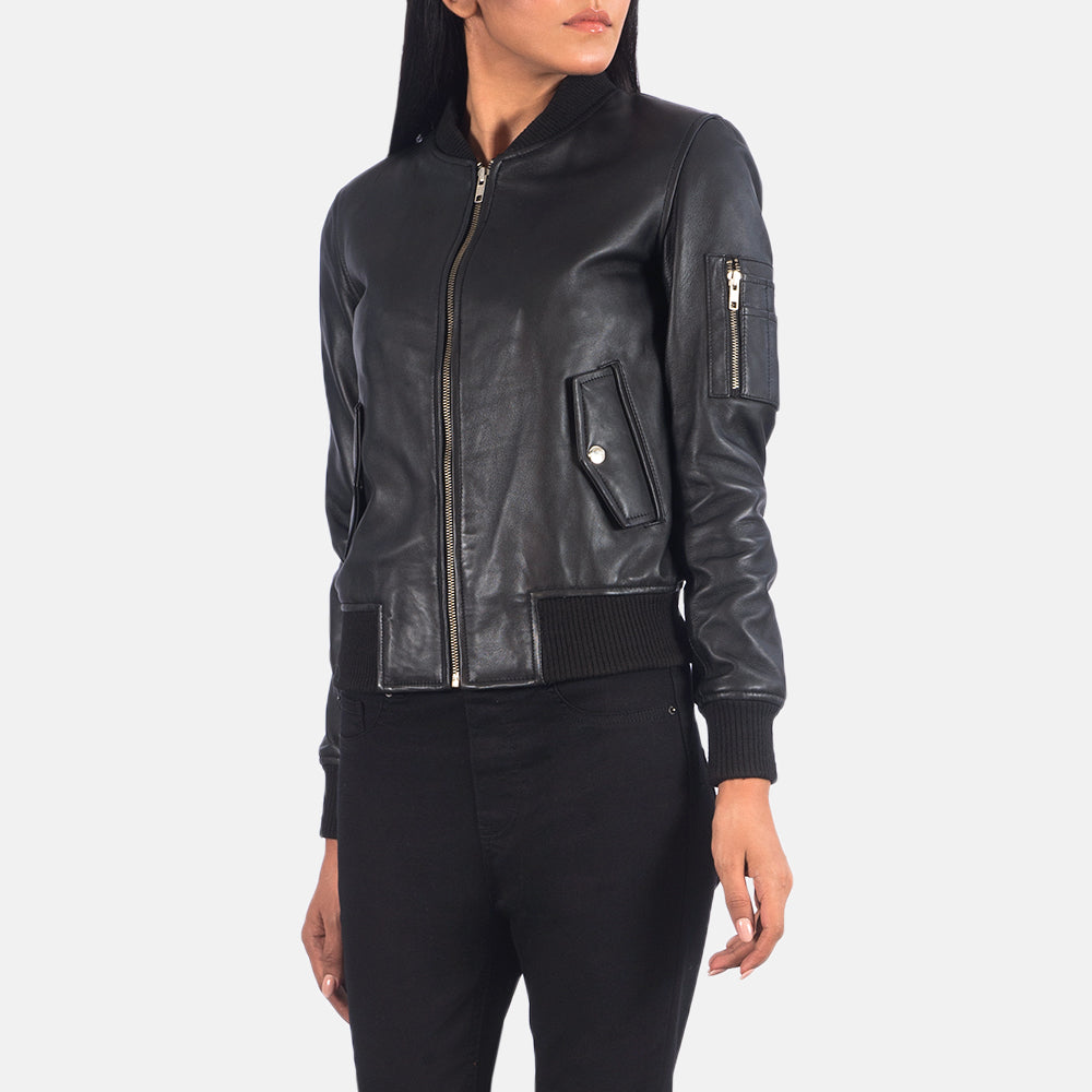 Front view of Dumfries women’s black leather bomber jacket – modern outerwear for U.S. street style

Dumfries women’s bomber jacket in black leather – bold, American-inspired fashion piece

Close-up of Dumfries black leather texture – premium bomber jacket for women in the United States

Model wearing Dumfries black bomber jacket – stylish women’s leather outerwear for everyday wear in the USA

Back of Dumfries women’s bomber jacket in black – minimalist, durable leather jacket with U.S. fashion appeal