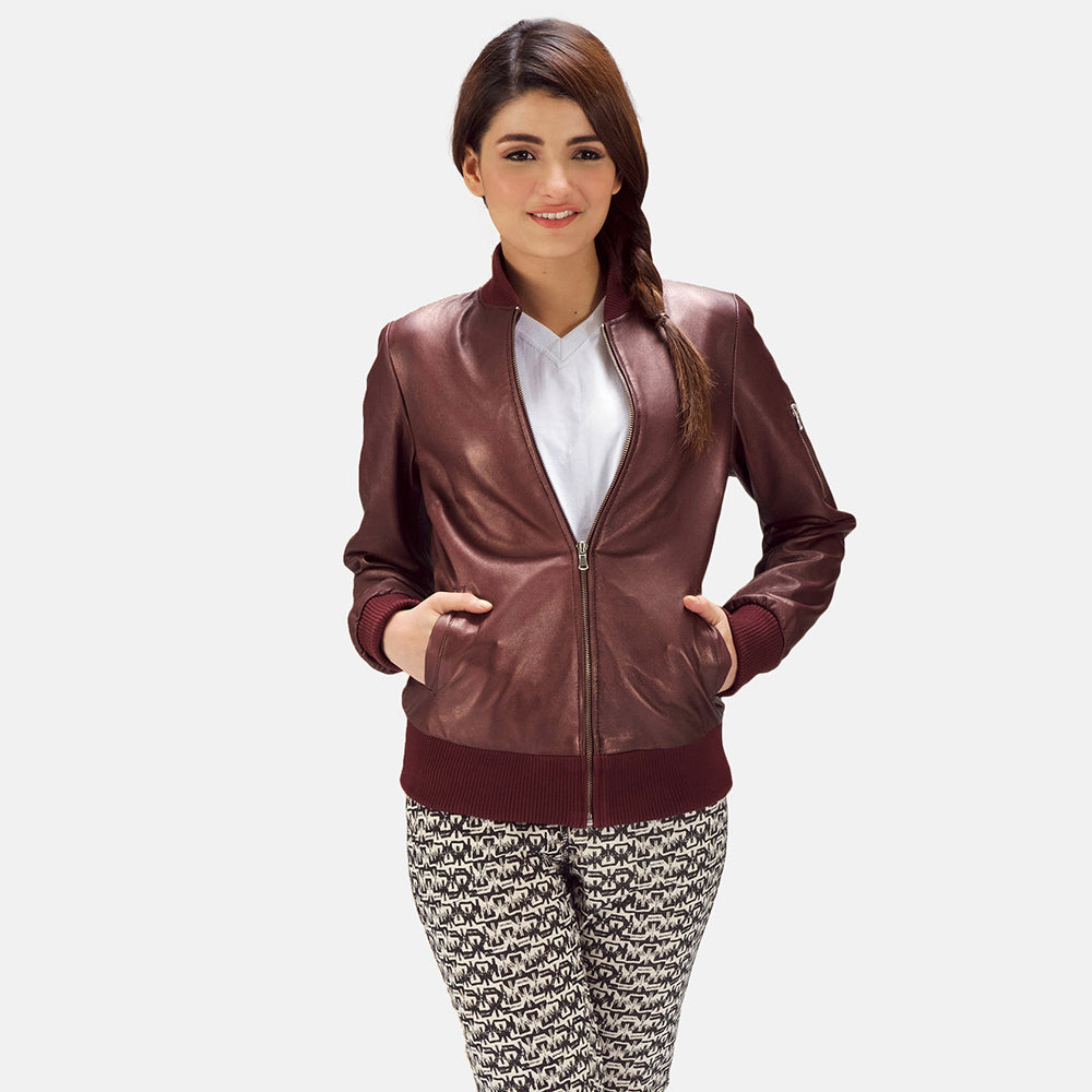 Nairn women’s maroon bomber jacket – stylish leather outerwear with classic American streetwear vibe

