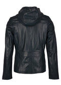 Saltcoats hooded leather jacket in black – stylish men’s outerwear with attached hood and modern American streetwear look