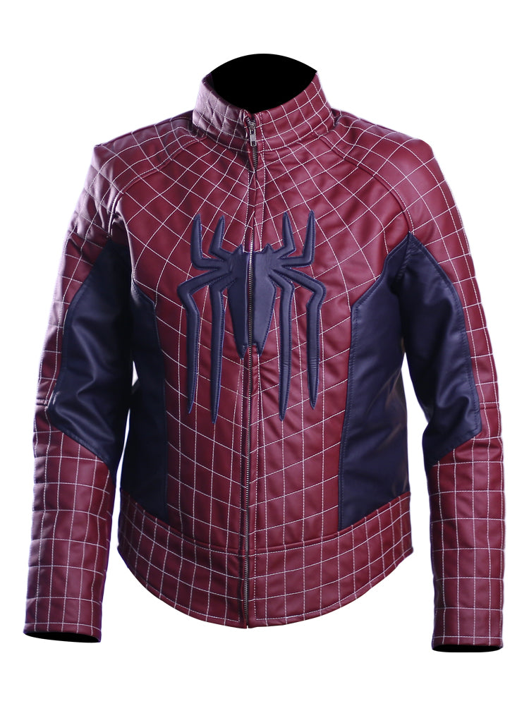 spiderman cosplay leather jacket front view

peter parker homecoming jacket red and blue

spiderman costume jacket with black spider logo

back view red spider logo cosplay jacket

stand-up collar spiderman leather jacket

cosplay outfit with ykk zipper for men

marvel superhero jacket faux leather