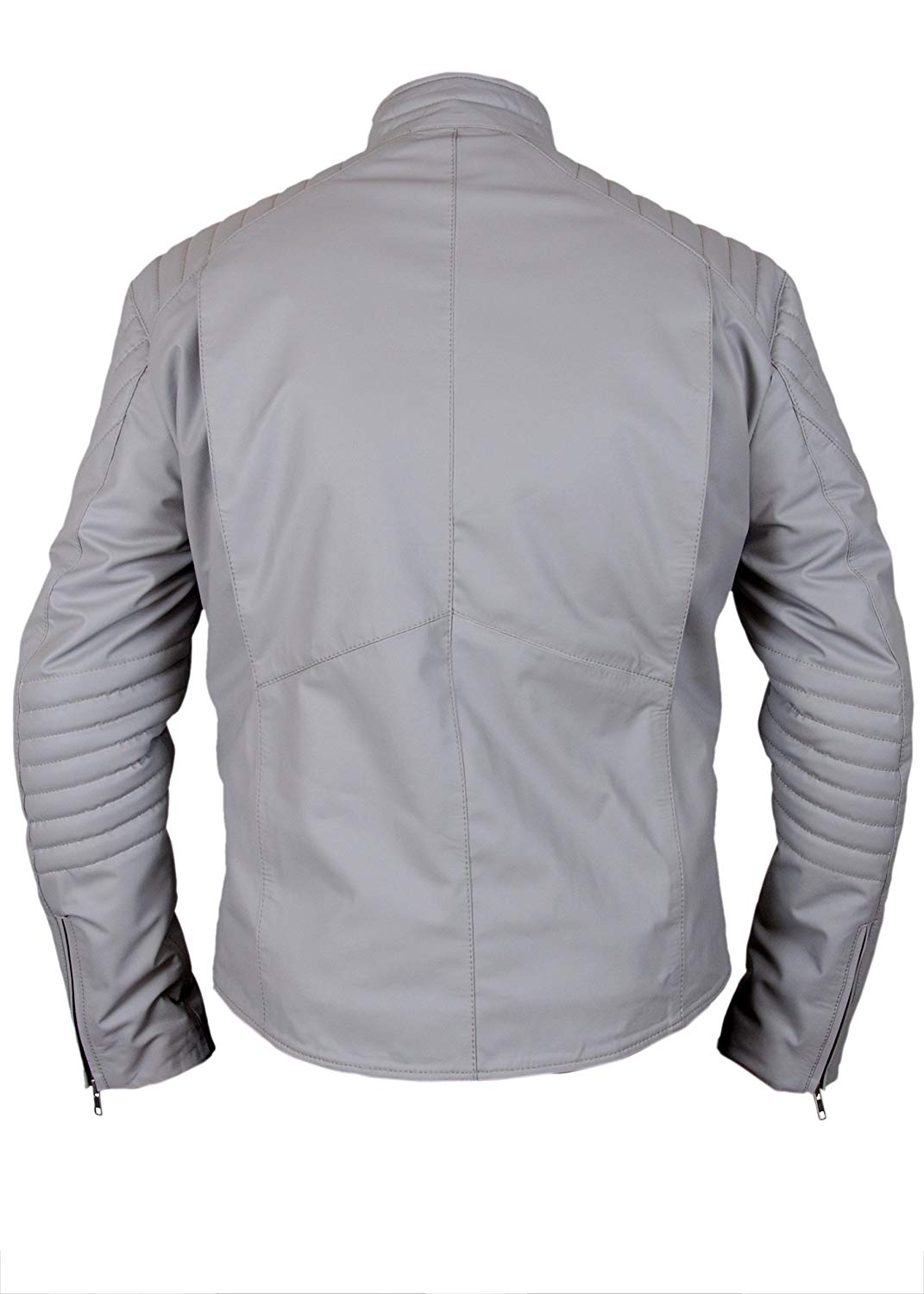 "Batman Dawn of Justice grey leather jacket with padded shoulders"

"Light grey superhero jacket with stand-up collar and zip closure"

"Faux leather Batman jacket with two hand pockets and viscose lining"

"Front view of Batman Dawn of Justice costume jacket for cosplay"